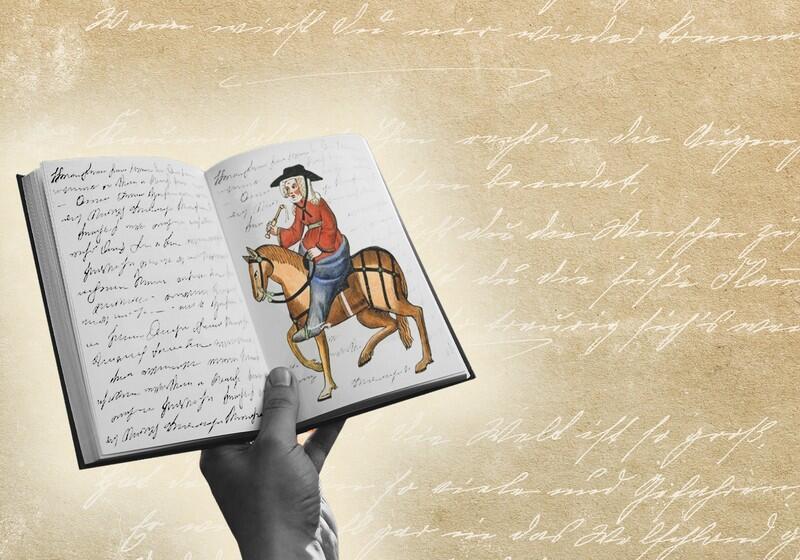 An open book with handwritten script pages is held aloft by a black and white hand against a background of aged, tan parchment paper featuring cursive writing. The right page of the book displays a colourful illustration of a person in a red coat and black hat riding a brown horse