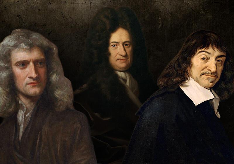 A digital composite of three famous historical thinkers side-by-side against a dark, textured background featuring faint mathematical diagrams