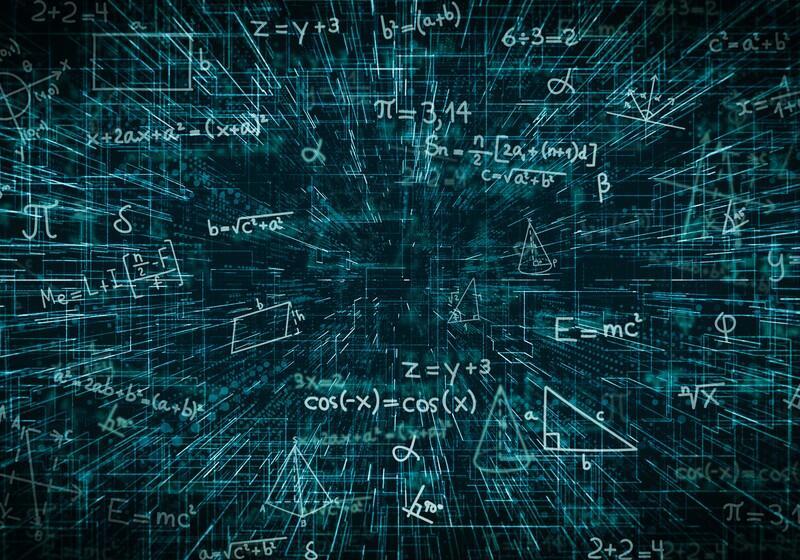 A futuristic, abstract background filled with glowing teal mathematical equations, geometric shapes, and formulas floating through a matrix-like digital space