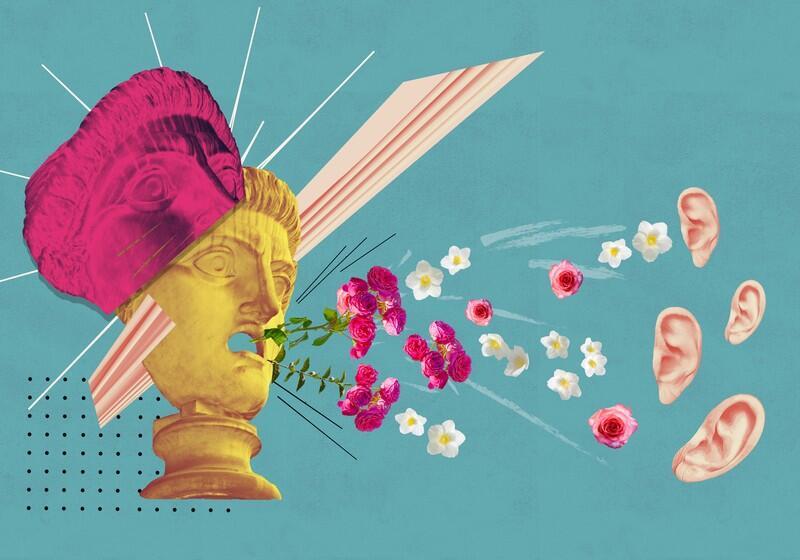 A surrealist collage features a yellow classical bust with a pink section sliced from its head, exhaling a stream of pink and white flowers on a teal background. The floral stream blows toward four floating human ears arranged on the right side of the composition
