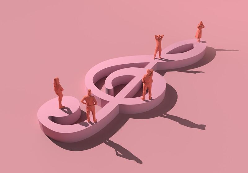 Pink 3D treble clef with five miniature figures standing in different poses on and around the symbol.