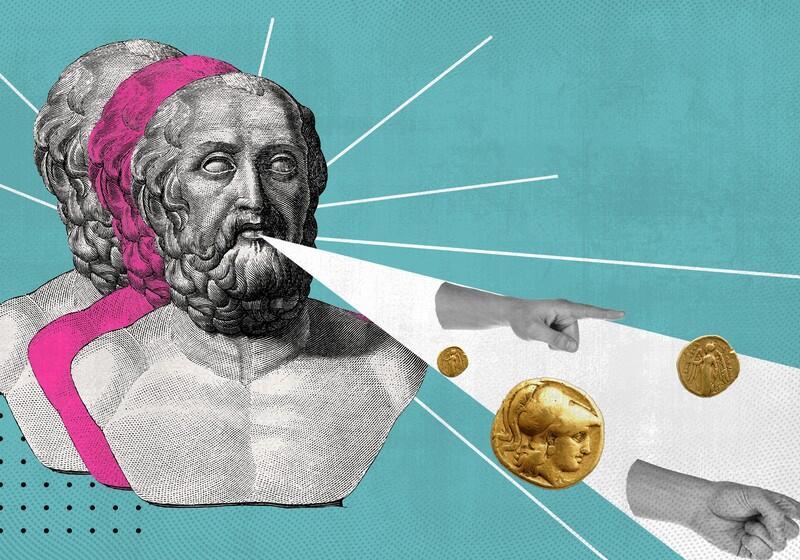 A collage-style digital illustration featuring a classic marble bust of a bearded Greek philosopher against a teal background, with white light beams projecting from his mouth containing cut-out images of ancient gold coins and pointing hands