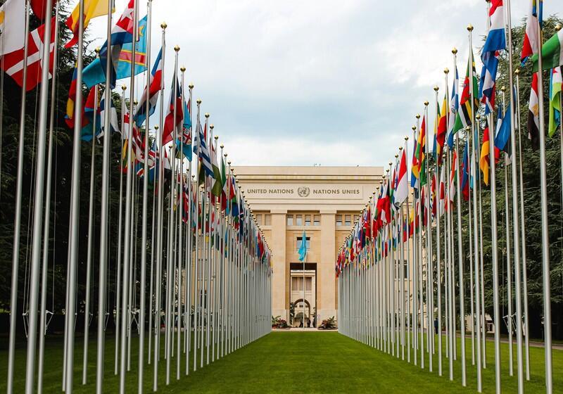 A long alley of towering silver flagpoles lined up on a vibrant green lawn, displaying a dense arrangement of colourful international flags. The perspective draws the eye down the symmetrical path toward the Palais des Nations building in Geneva, Switzerland, featuring the words "UNITED NATIONS" and "NATIONS UNIES" across its facade