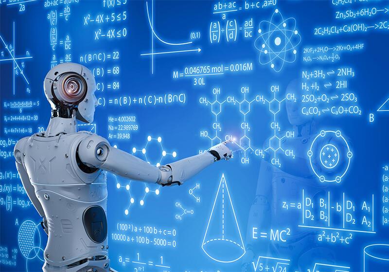 A white humanoid robot interacts with a glowing blue digital wall covered in complex mathematical equations, scientific formulas, and chemical structures