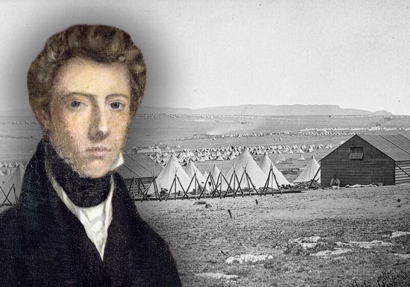 A composite image features a historical colour portrait of a young man with wavy brown hair on the left, superimposed over a black-and-white photograph of a sprawling military tent encampment on a flat, barren landscape on the right