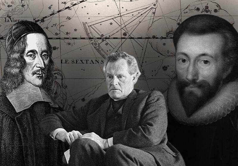 An artistic, sepia-toned collage features portrait illustrations of historical figures Johannes Hevelius on the left and John Donne on the right, flanking a central black-and-white photograph of poet R. S. Thomas, all set against a background of an antique astronomical star chart