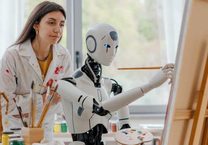 A woman in a white, paint-splattered lab coat looks on as a sleek, white humanoid robot holds a paintbrush and paints on a canvas supported by a wooden easel