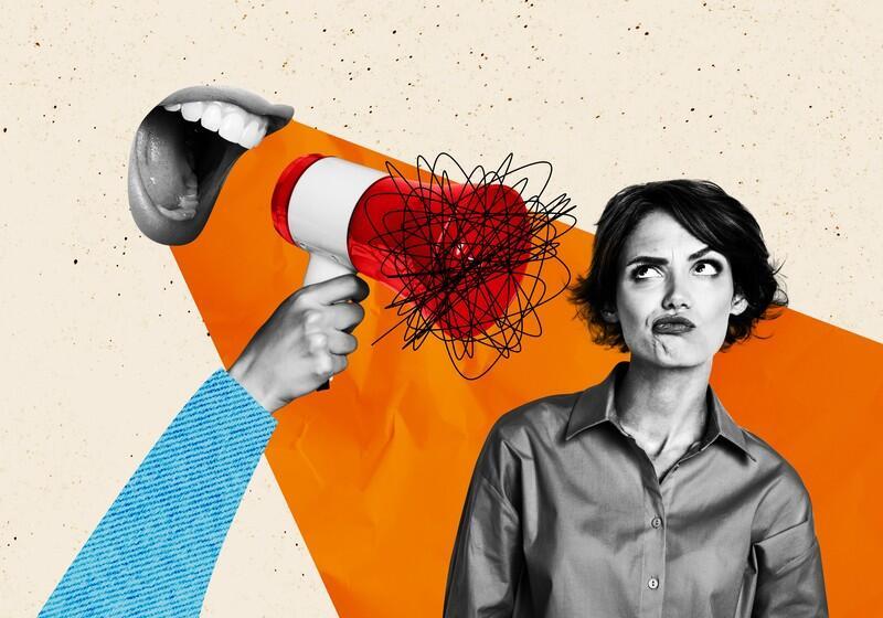 A collage artwork depicts a hand holding a red and white megaphone blasting a chaotic tangle of scribbled black lines toward a skeptical woman on the right. The mouth of a person shouting is positioned just behind the megaphone, and a bright orange geometric shape cuts across the beige background
