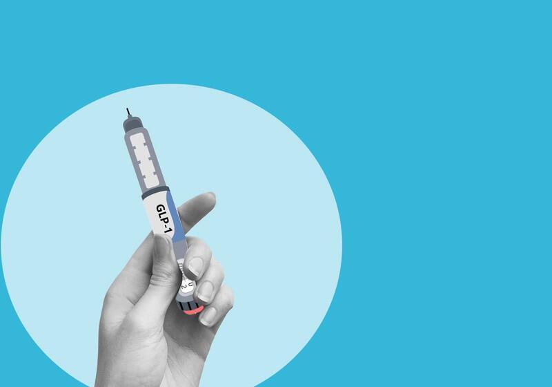 An illustration features a person's hand holding a grey injection pen labeled "GLP-1" against a solid bright blue background. The hand and pen are framed within a large, light blue circle