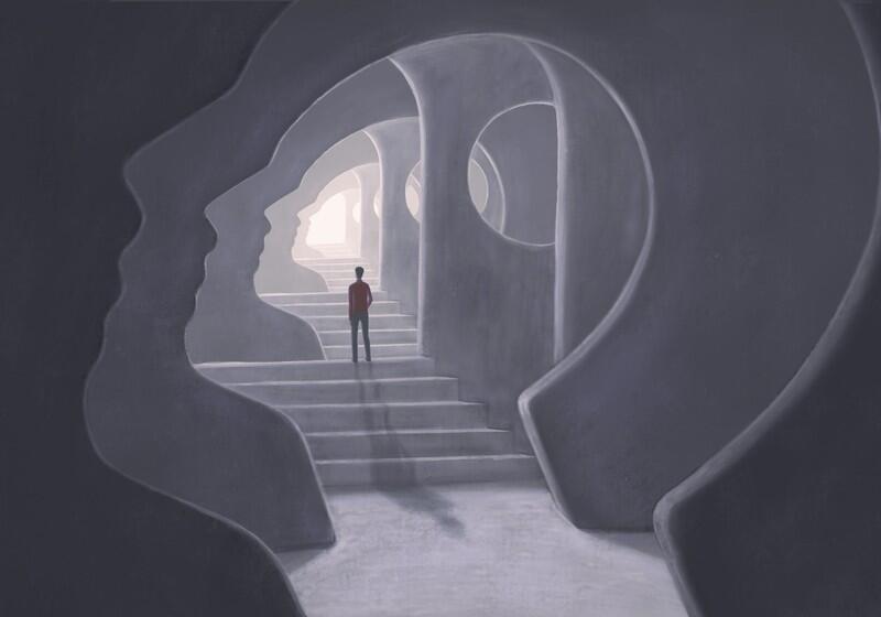 A surreal painting depicts a lone figure in red walking up concrete stairs through a series of interlocking, profile-shaped archways that create a psychological, mind-like tunnel leading toward a bright light