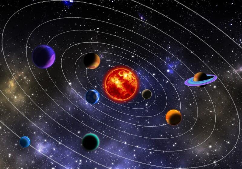 An artistic digital illustration of our solar system depicting eight stylised planets orbiting a bright orange-red sun against a dark, starry background filled with nebulae. Concentric white dotted lines represent the orbital paths of the planets