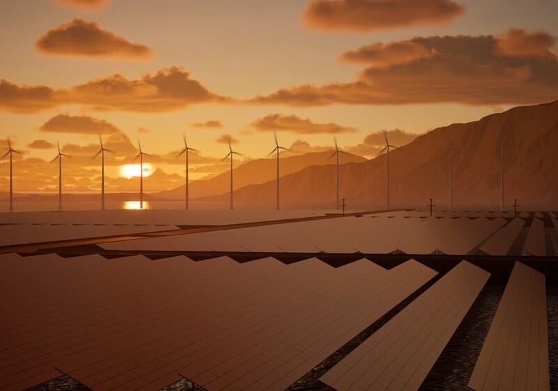 A wide-angle, digital rendering of a large-scale renewable energy farm during a vibrant orange sunset