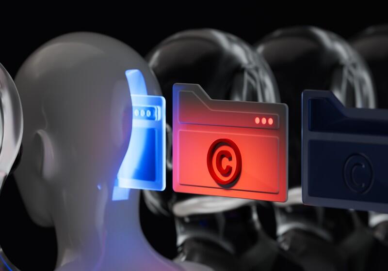A row of futuristic white robotic heads with digital folder icons floating beside them, featuring a prominent red folder with a copyright symbol in the centre