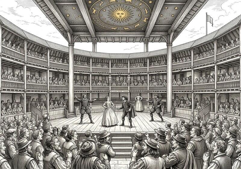 An intricate black-and-white line engraving depicting a performance inside an Elizabethan open-air theatre, resembling Shakespeare's Globe