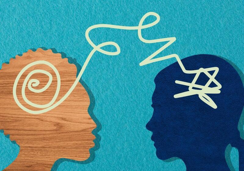 An illustration depicts two profile silhouettes facing each other against a textured blue background, connected by a single continuous line