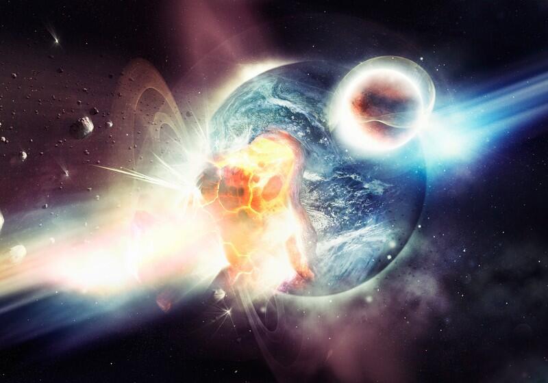 Digital art of a large asteroid colliding with Earth, causing a fiery explosion that rips open the planet's crust amidst a debris field in deep space