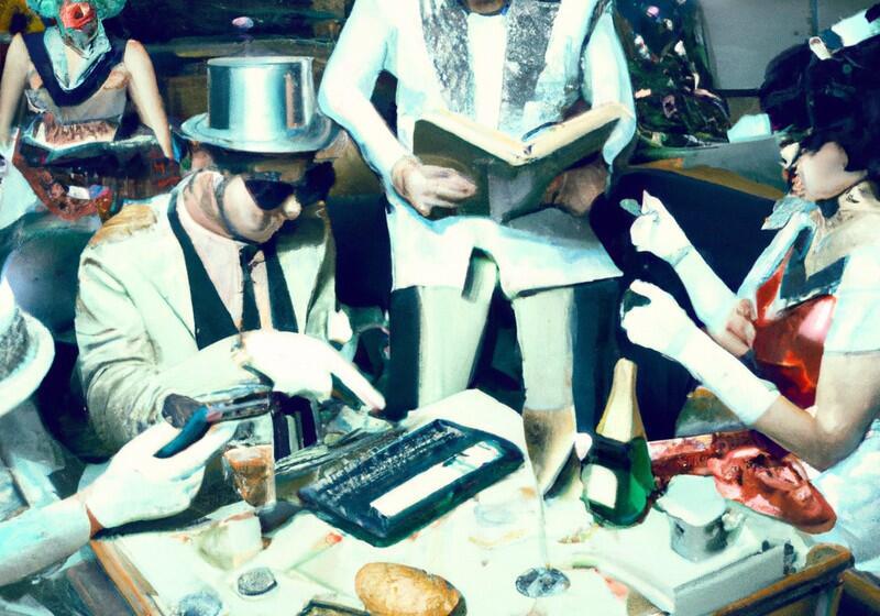 Masked partygoers gathered around a table, one pointing at a keyboard while another reads from a book amid drinks and snacks.