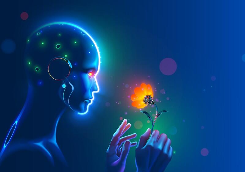 An abstract digital illustration of a glowing humanoid robot looking at a vibrant mechanical flower against a dark blue background
