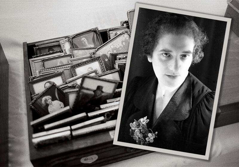 Black and white photograph of Margarethe Wiener, backgroun box of other old photos
