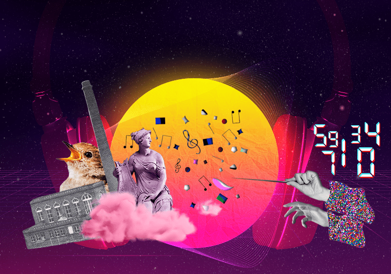 Conducter's hands over a backdrop of a rising sun, song bird, factory, greek statue and mathematical symbols