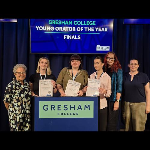 Head Judge Prof Melissa Lane, , Compere Professor Victoria Baines, and Provost Sarah Hart, with the winners