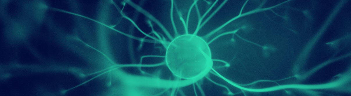 Close-up image of glowing electric plasma filaments radiating from a central sphere, resembling neuron-like structures in blue-green light on a dark background.