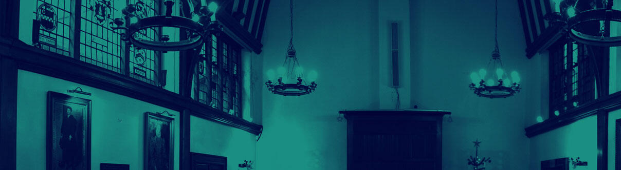 Barnard's Inn main hall, stained glass windows and chandeliers