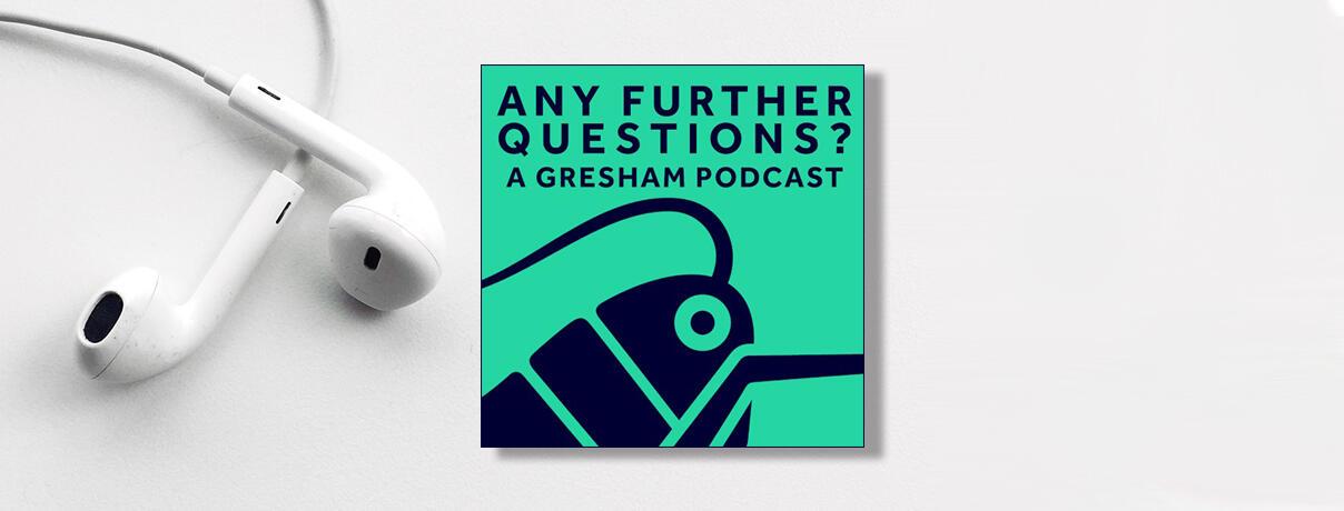 Pair of headphones with podcast logo