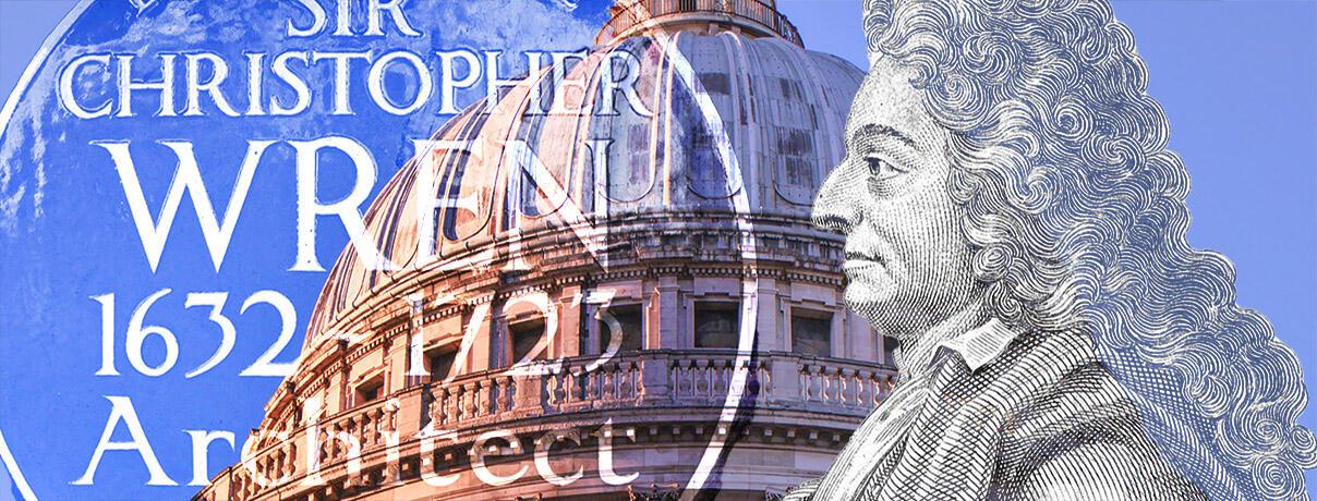 Christopher Wren portrait imposed on backdrop of St Pauls