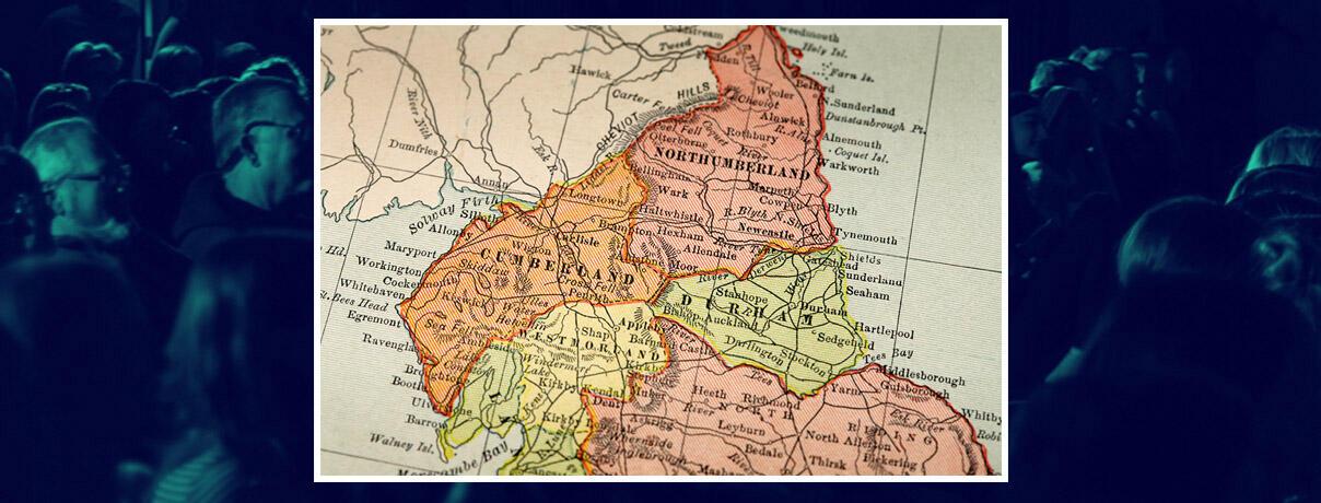 Map of the North of England on a backdrop of an audience enjoying a lecture