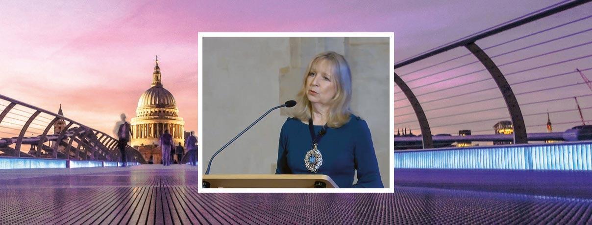 The Lady Mayor on a backdrop of the Millennium Bridge leading to St Paul's
