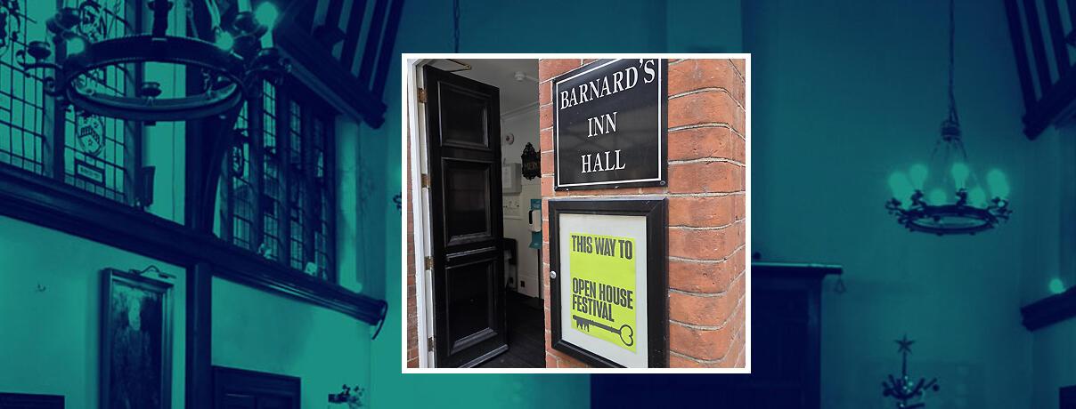Open House Festival yellow sign on the door of Barnard's Inn Hall