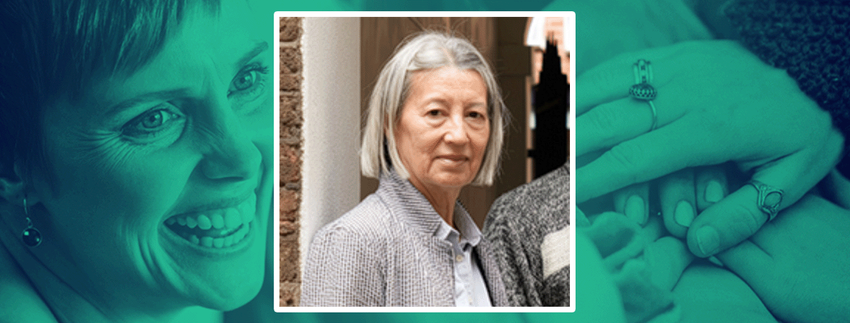 Central image of woman with short grey hair, with background image of smiling woman on the left-hand side and several hands on top of one another on the right-hand side