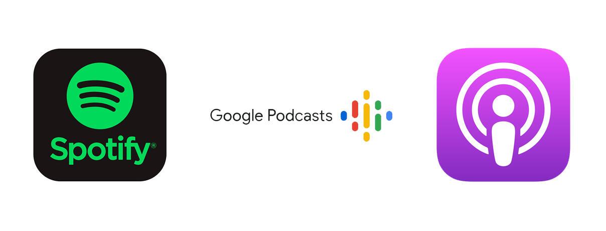 spotify, google and apple podcast logos