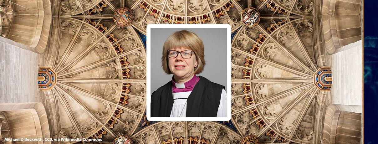 Sarah Mullally, against backdrop of Canterbury Cathedral Tower Ceiling