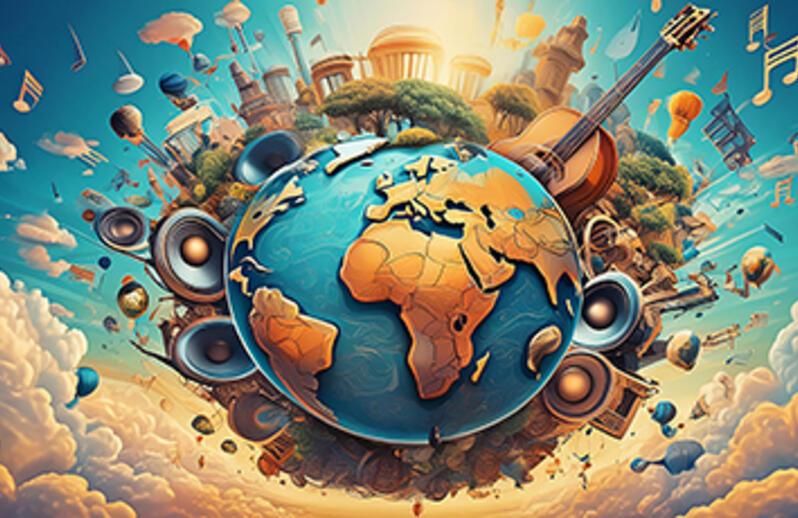 Stylised blue-green photos of a monk, a pixellated dog, a close-up spore, a person on a hill, a toy robot and a banana wrapped in chains