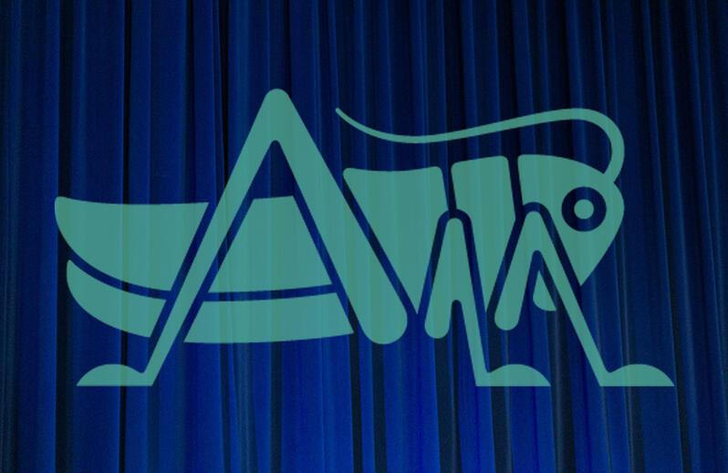 Gresham Grasshopper on blue curtain