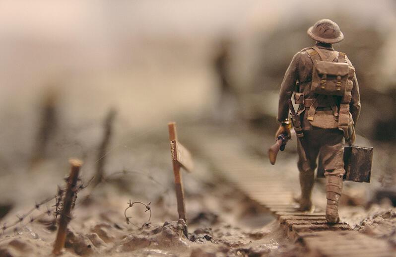 World War One soldier walking through  no mans land