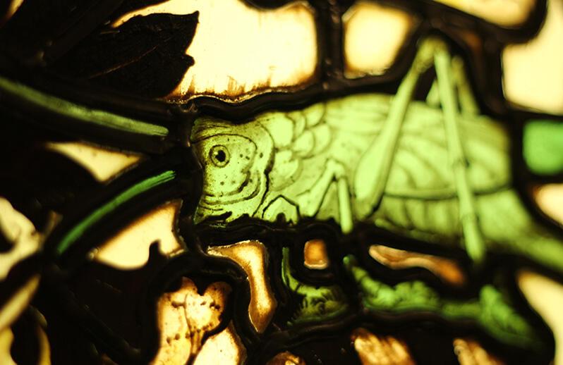 close up of grasshopper in Gresham College window