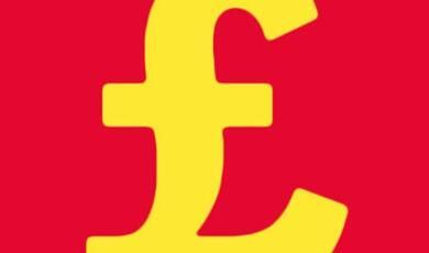 Yellow pound sign against red background