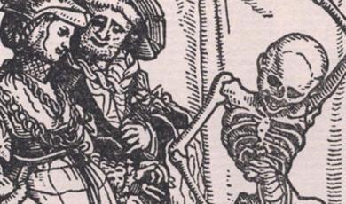 medieval engraving of a couple and a skeleton