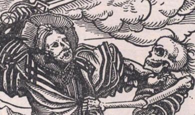 medieval engraving of a man fighting with a skeleton