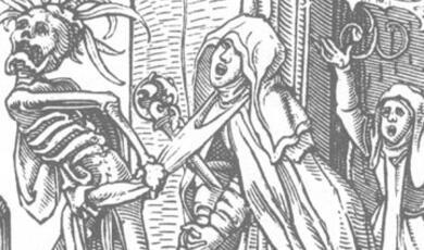 medieval engraving of a woman and a skeleton