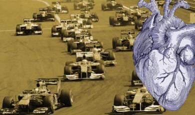 a yellow tinted image of a formula 1 race with an image of a heart