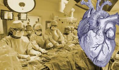 yellow tinted image of a group of surgeons with a heart