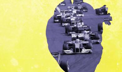 A stylized purple silhouette of a human heart filled with a high-angle view of multiple Formula 1 race cars on a track, set against a bright yellow background