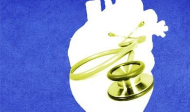 White outline of a heart with a stethoscope on a blue background