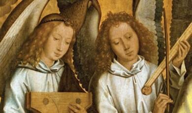 Painting of red-haired people playing instruments