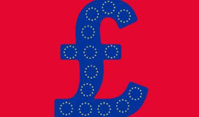 Blue pound sign with EU flag symbols inside, against red background