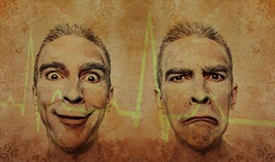 A split image of a man's face, showing extreme happiness on the left and sadness on the right, with a green heart rate line in the background